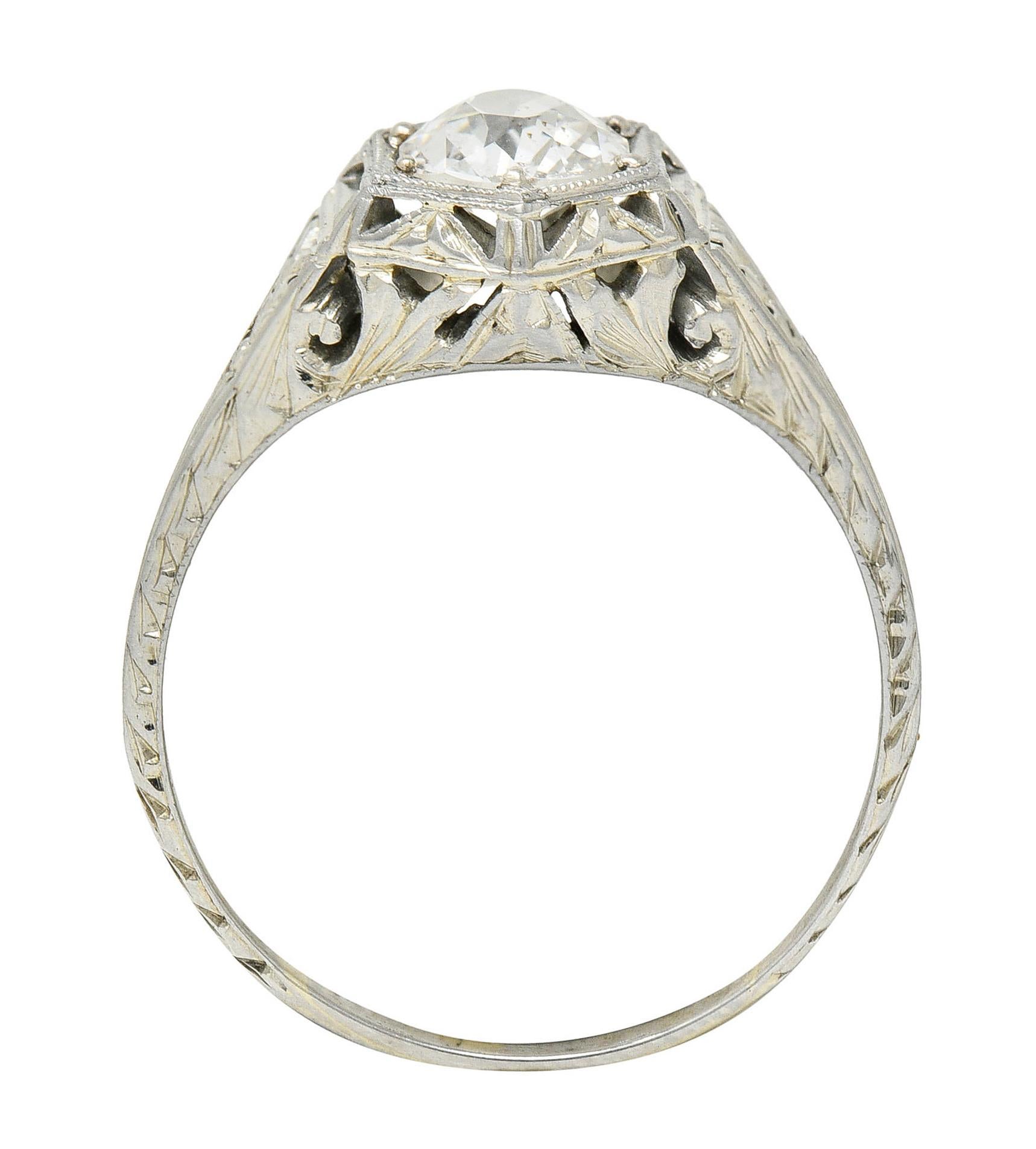 1926 Art Deco 0.76 Carat Diamond 18 Karat White Gold Hexagonal Engagement Ring 1