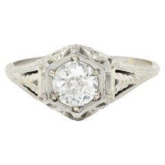 1926 Anello di fidanzamento esagonale in oro bianco 18 carati con diamante Art Deco da 0,76 carati