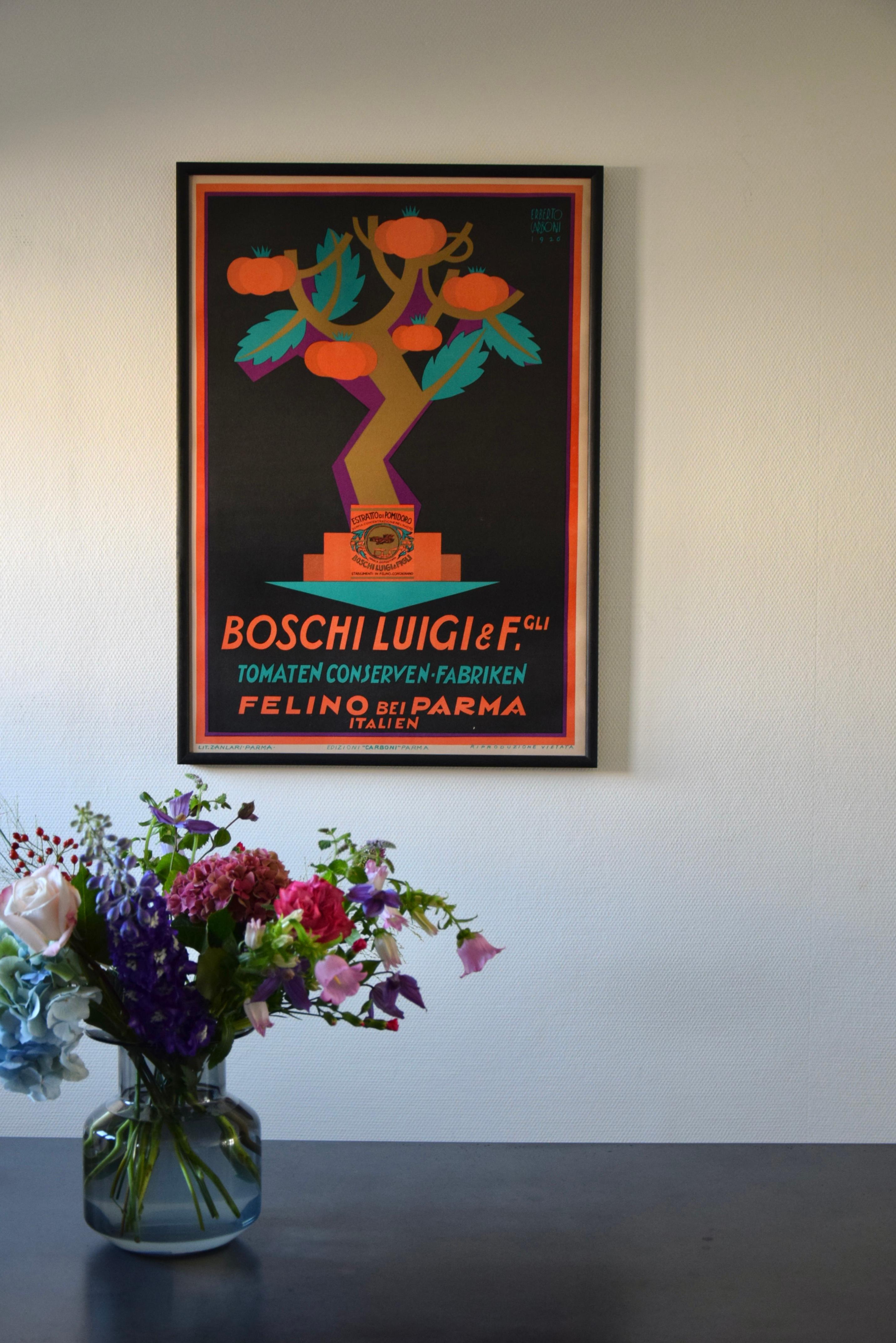 This rare 1926 publicity poster designed by Erberto Carboni is a captivating piece of early 20th-century advertising art. Created to promote the Boschi Luigi & F.lli (Brothers) brand of tomato preserves, the poster stands as an iconic example of the