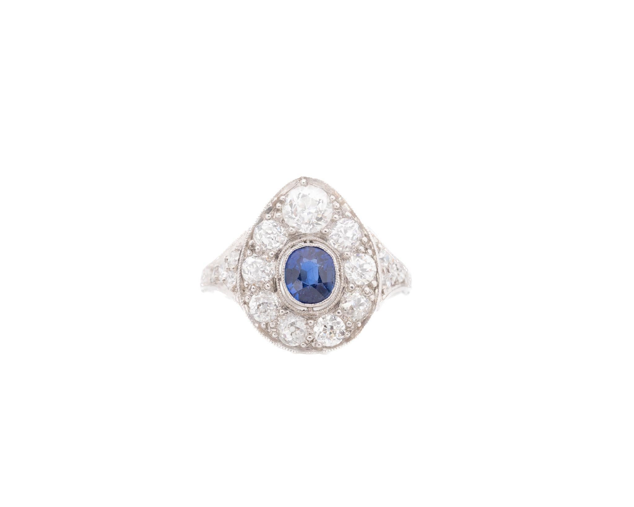 Year: 1926 (Engraved on shank)

Item Details:
Ring Size: 5.25
Metal Type: Platinum [Hallmarked, and Tested]
Weight: 3.7 grams

Center Stone Details:

GIA Report#:2235156476
Weight: .60ct total weight
Cut: Old European brilliant
Color: Blue
Type: