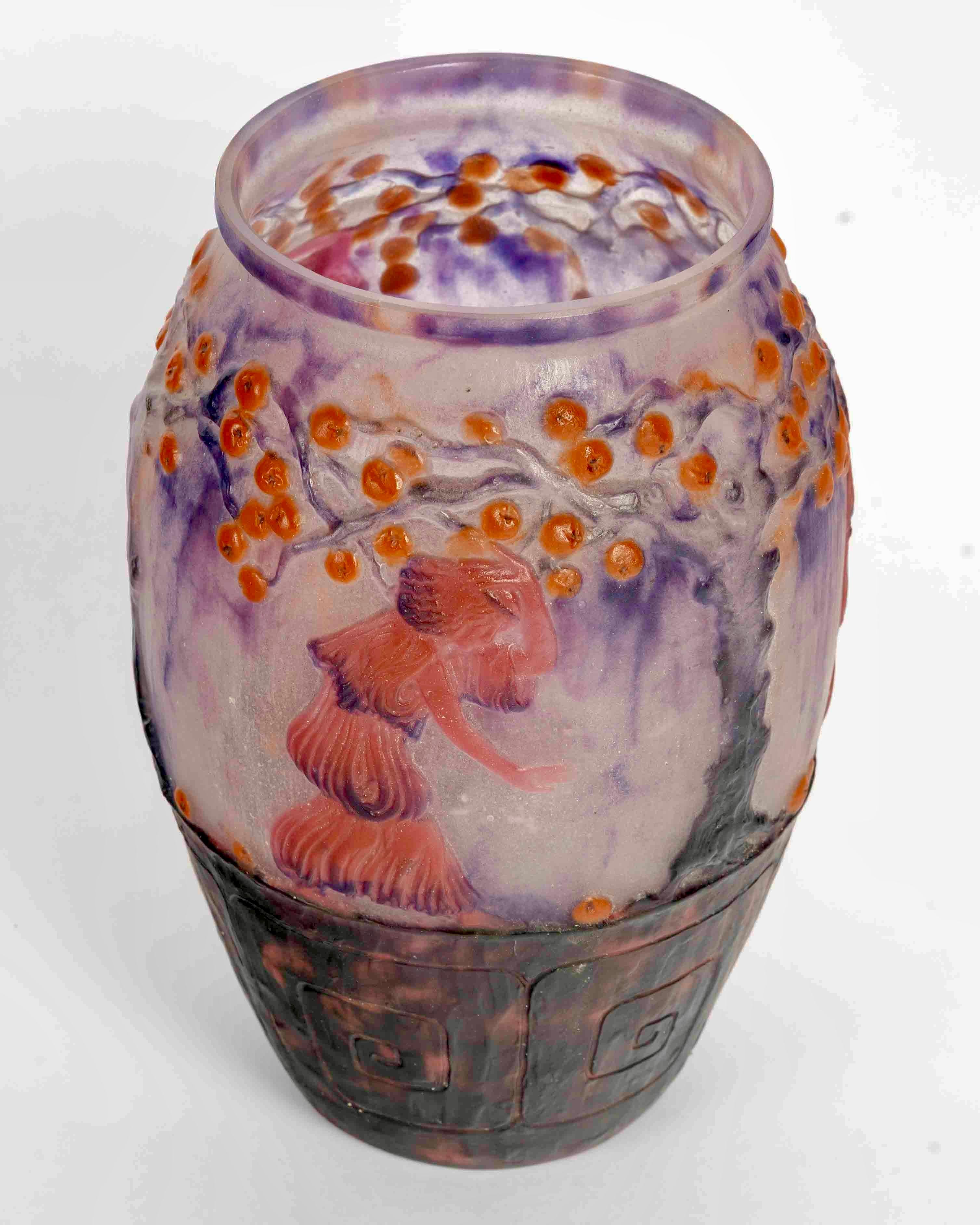 French 1926 Gabriel Argy Rousseau - Vase Jardin des Hesperides Glass Pate De Verre For Sale