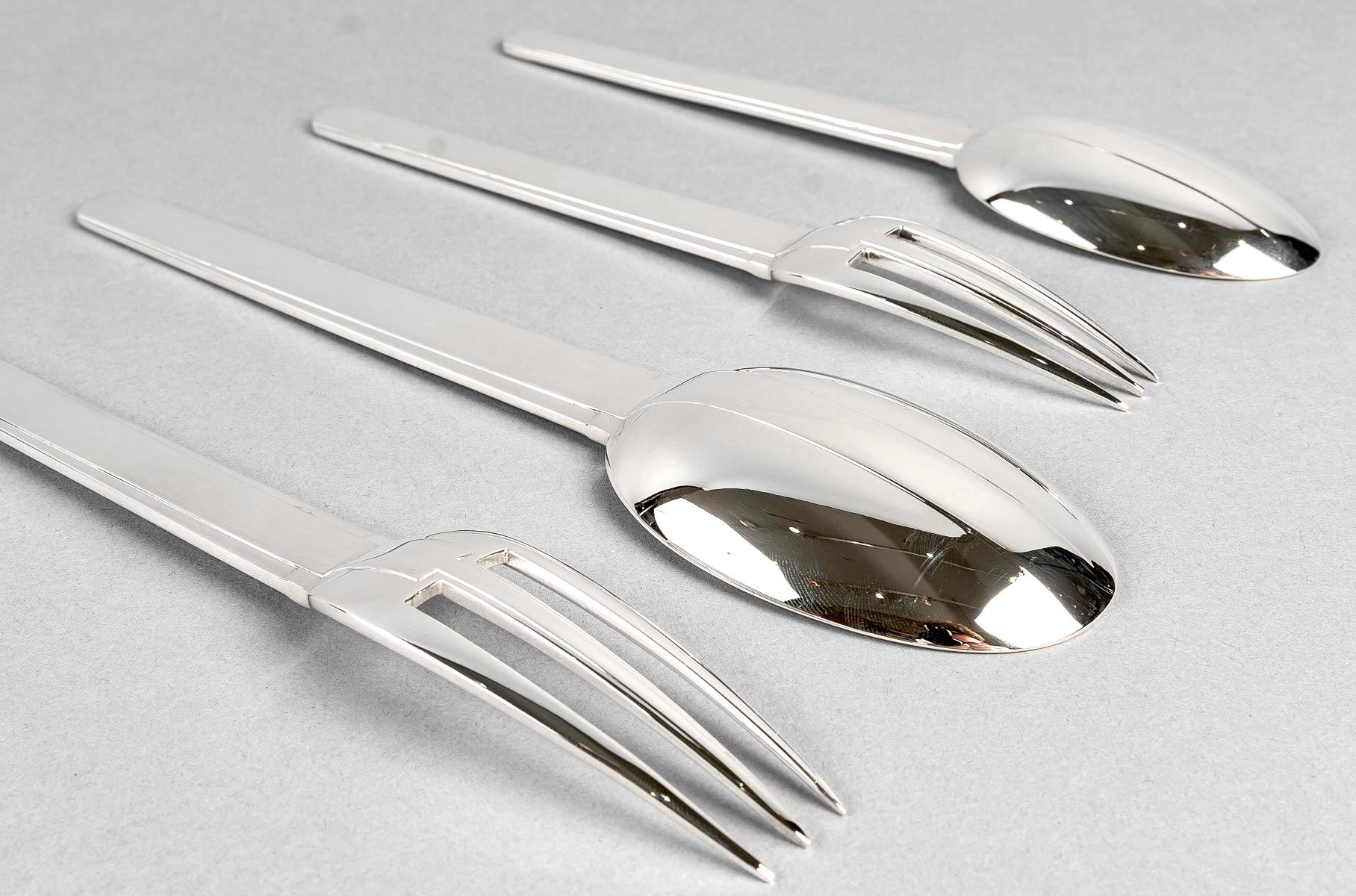 Art Deco 1926 Jean Puiforcat, Cutlery Flatware Set Cabourg Sterling Silver, 16 Pieces
