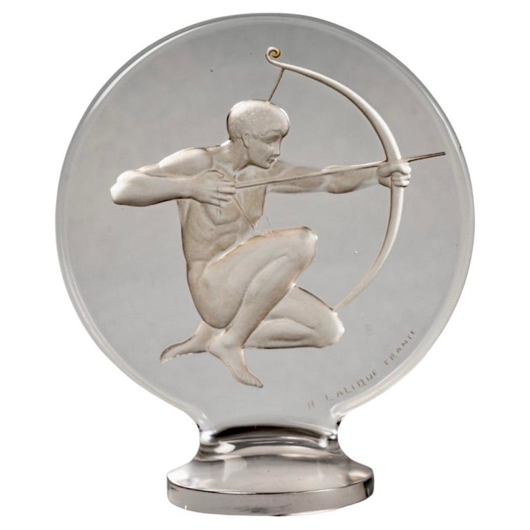 1926 René Lalique Archer Car Mascot Hood Ornament in Glass For Sale at