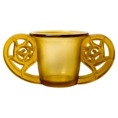 Used 1926 René Lalique Art Deco Vase Pierrefonds Yellow Amber Glass