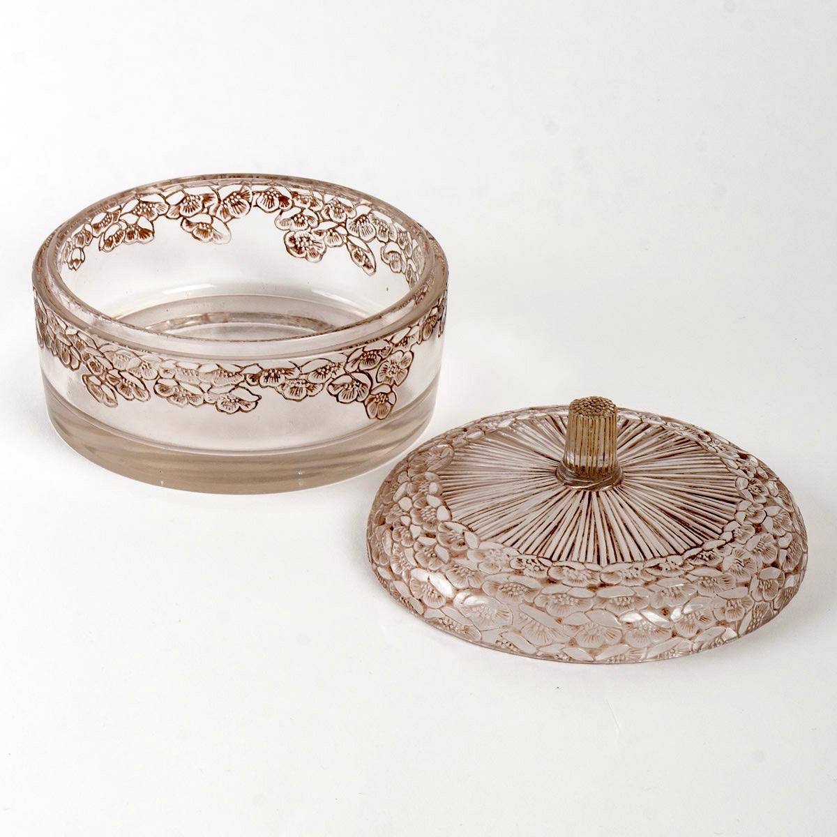 Molded 1926 René Lalique Box Boutons d'Or Clear & Frosted Glass with Sepia Patina