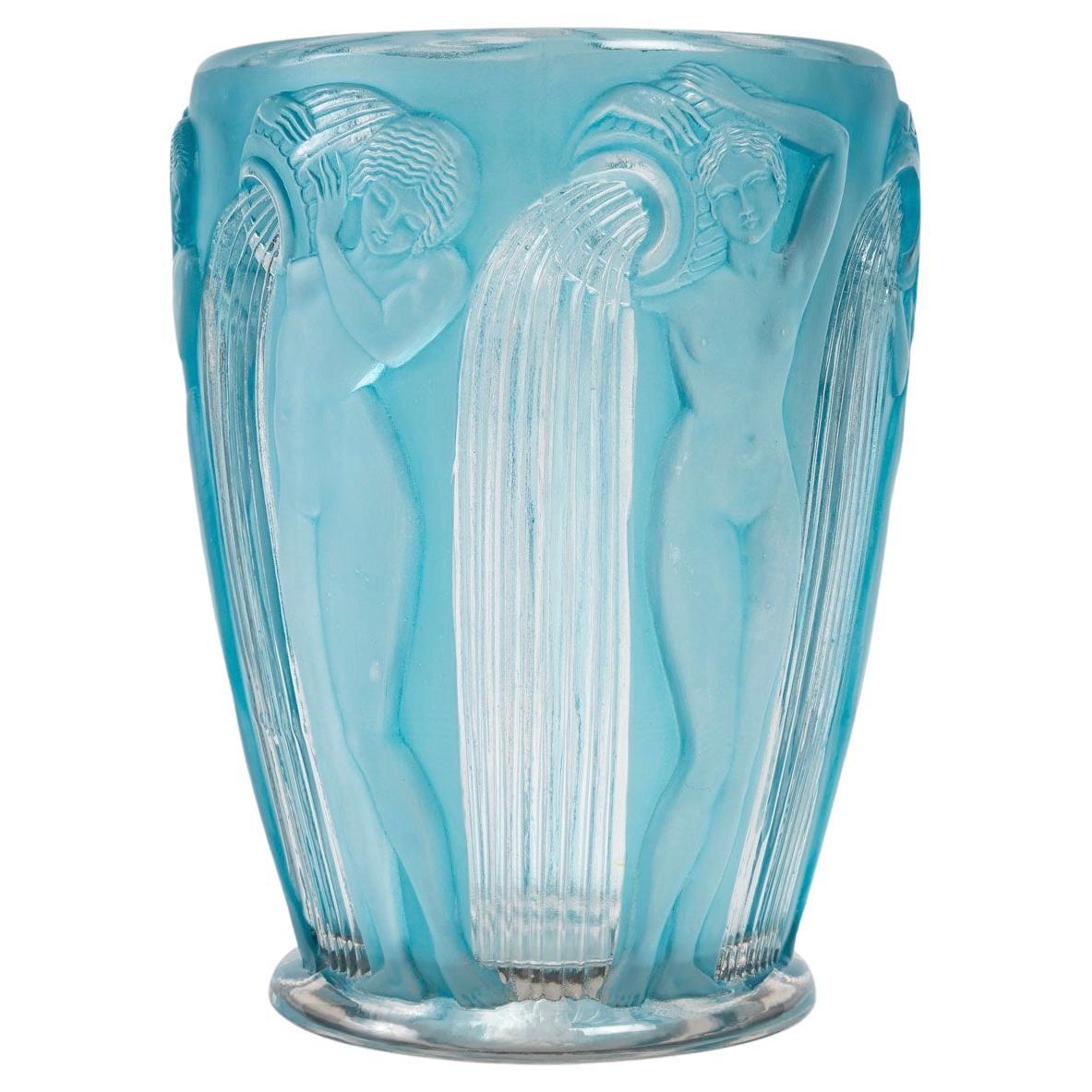 1926 Rene Lalique Danaïdes Vase in Frosted Glass 
Blue Patina, Pouring Women