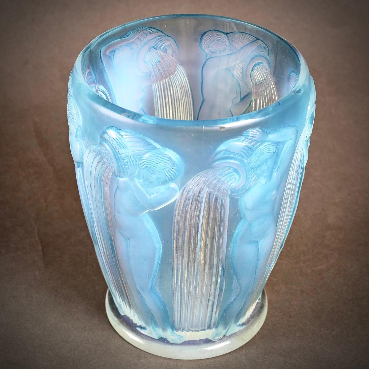 French 1926 Rene Lalique Danaïdes Vase in Opalescent Glass Blue Patina, Pouring Women