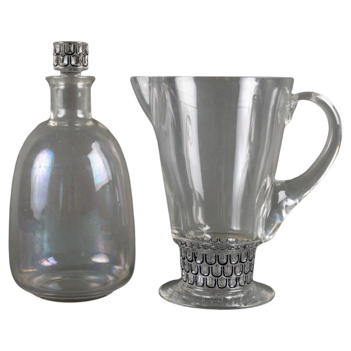 1926 Rene Lalique Decanter & Pitcher Saint Nabor Glass Black Enamel For Sale