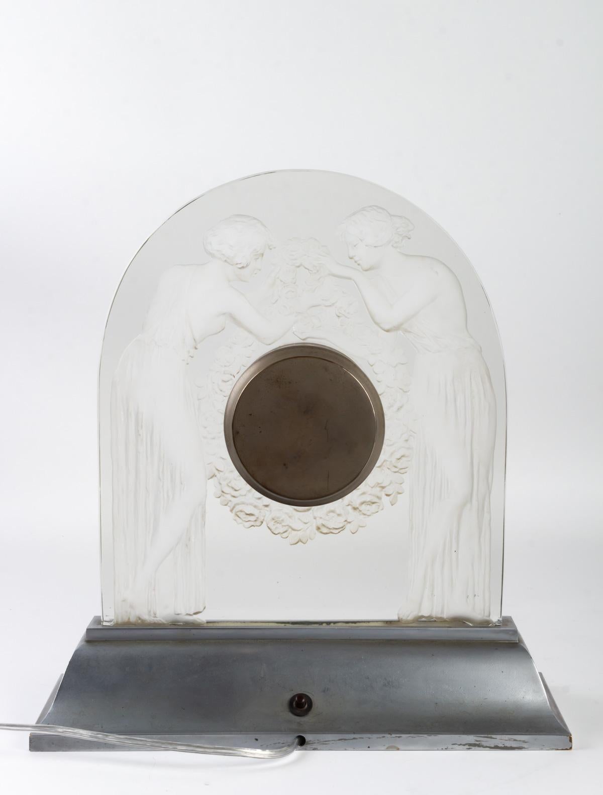 1926 René Lalique Deux Figurines Clear Glass Original Nickel-Plated Bronze Base 3