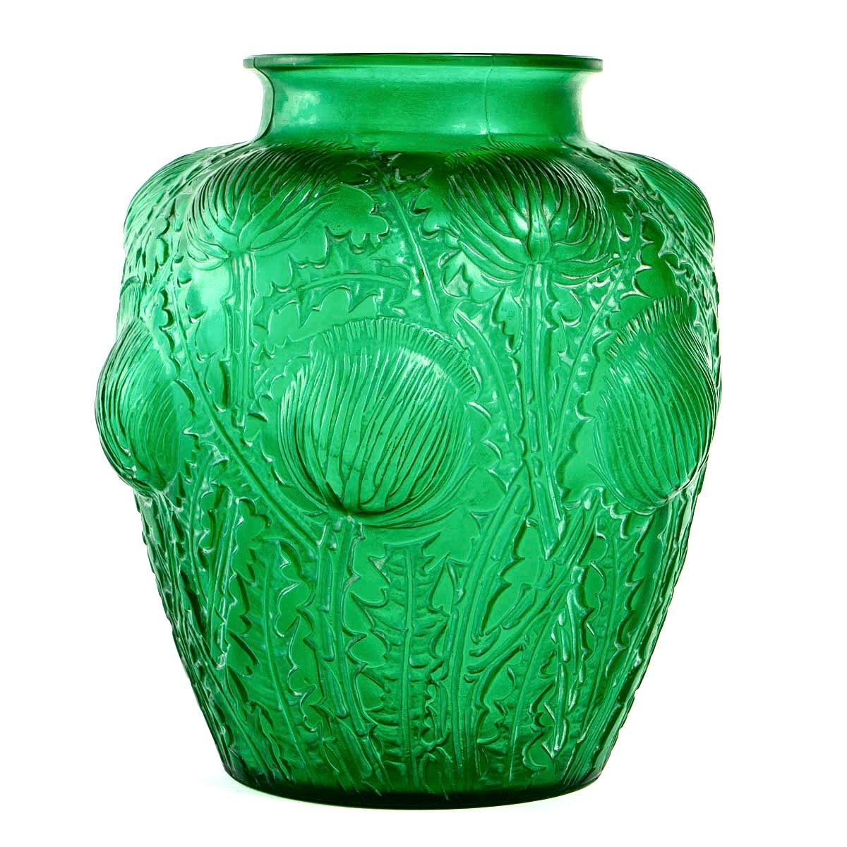 Art Deco 1926 René Lalique Domremy Vase in Emerald Green Glass with White Patina