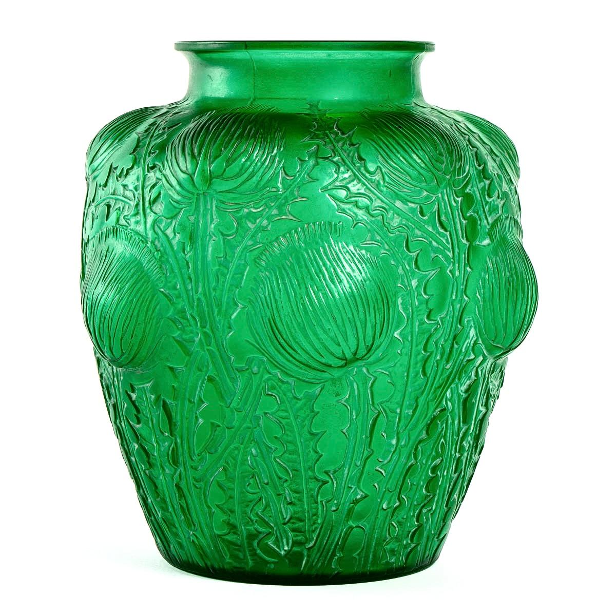 Molded 1926 René Lalique Domremy Vase in Emerald Green Glass with White Patina