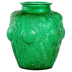 1926 René Lalique Domremy Vase in Emerald Green Glass with White Patina