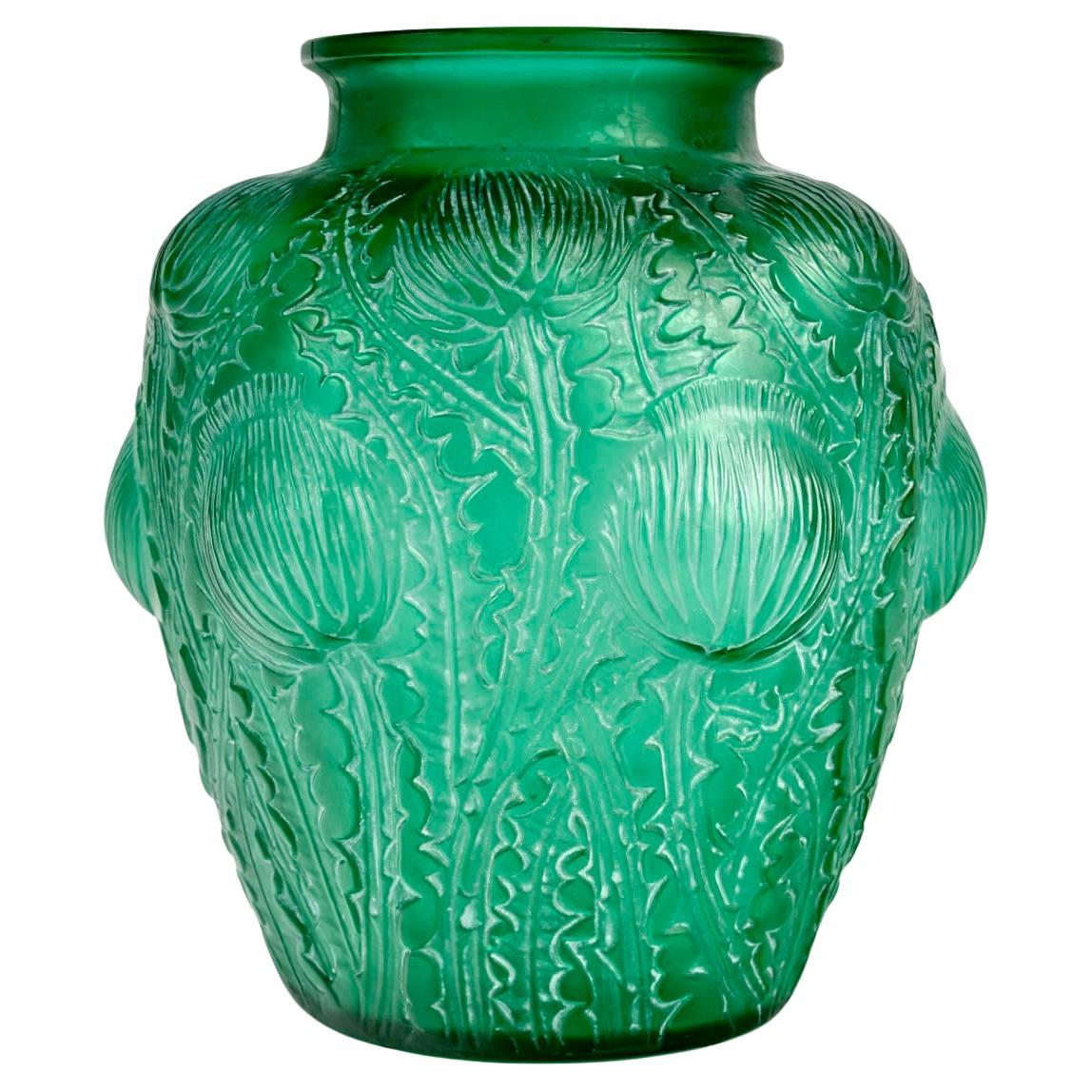 1926 René Lalique Domremy Vase in Emerald Green Glass with White Patina