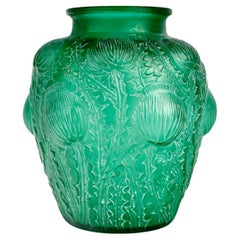 1926 René Lalique Domremy Vase in Emerald Green Glass with White Patina