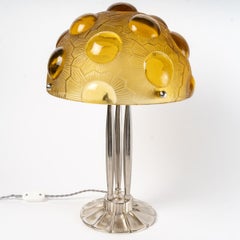 1926 René Lalique, Lamp Soleil Amber Yellow Glass and Nickel Plated Bronze