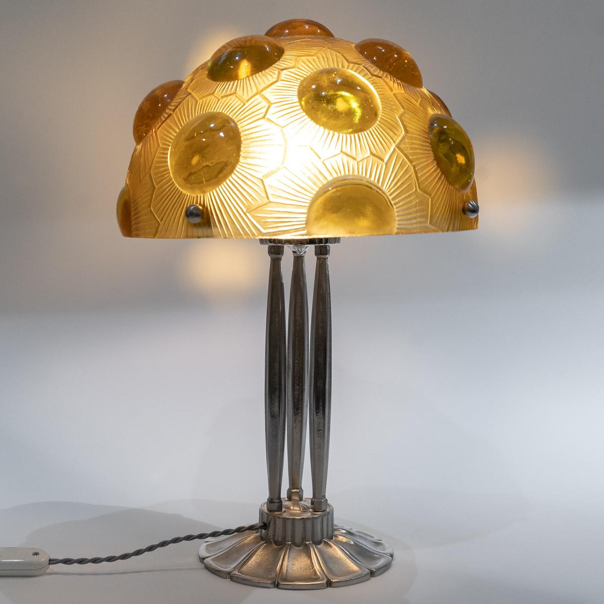 Molded 1926 René Lalique, Lamp Soleil Amber Yellow Glass and Nickel Plated Bronze For Sale