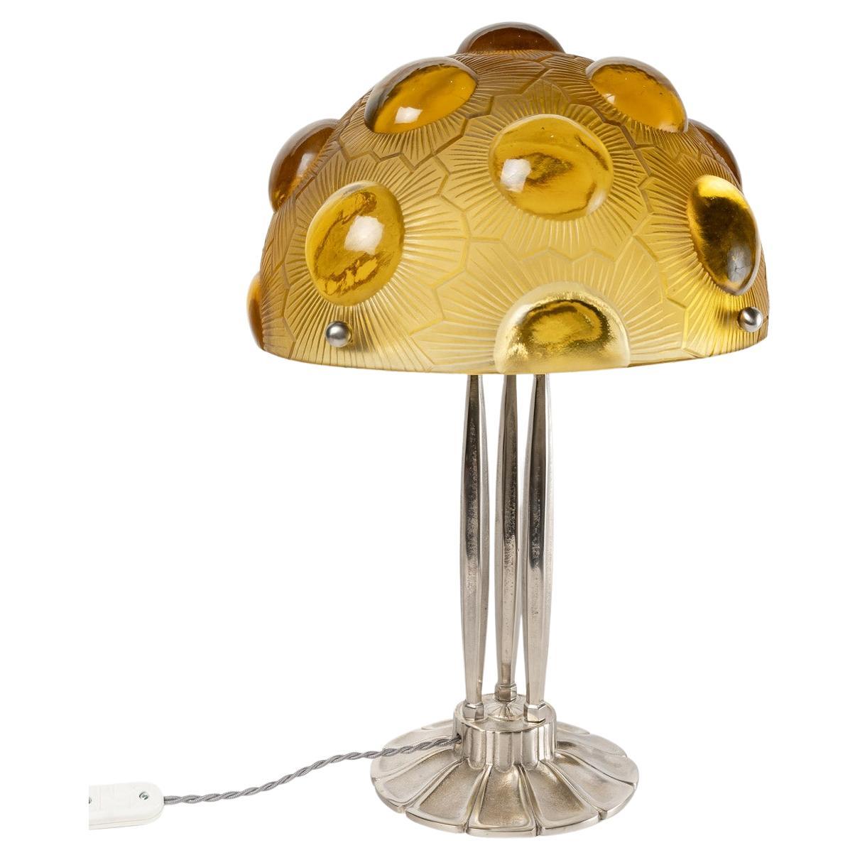 1926 René Lalique, Lamp Soleil Amber Yellow Glass and Nickel Plated Bronze For Sale