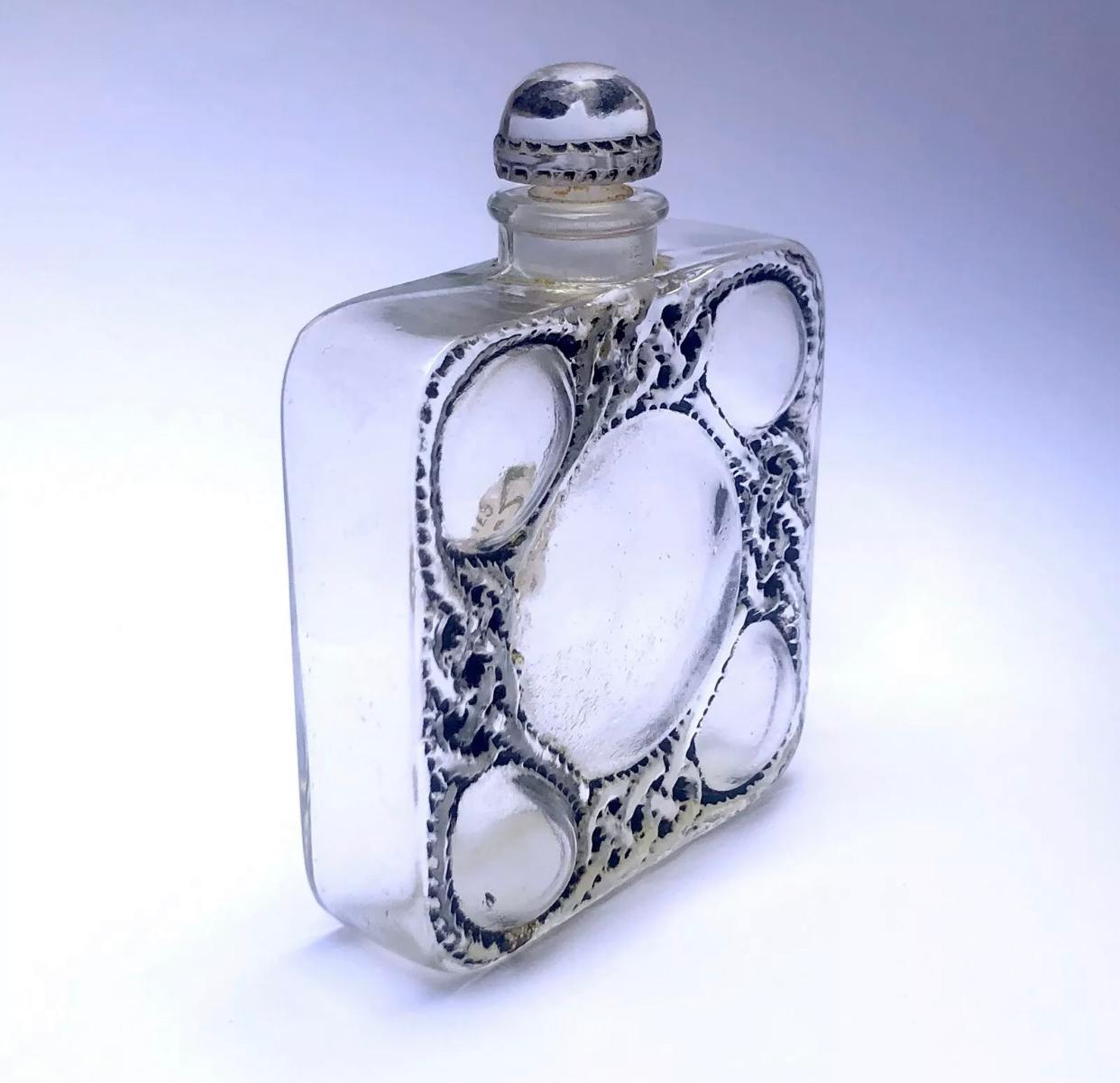 Art Deco 1926 Rene Lalique Les Cinq Fleurs Perfume Bottle for Forvil Black Enameled Glass