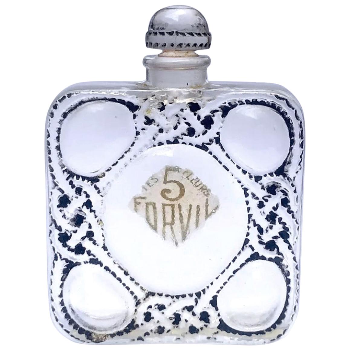 1926 Rene Lalique Les Cinq Fleurs Perfume Bottle for Forvil Black Enameled Glass
