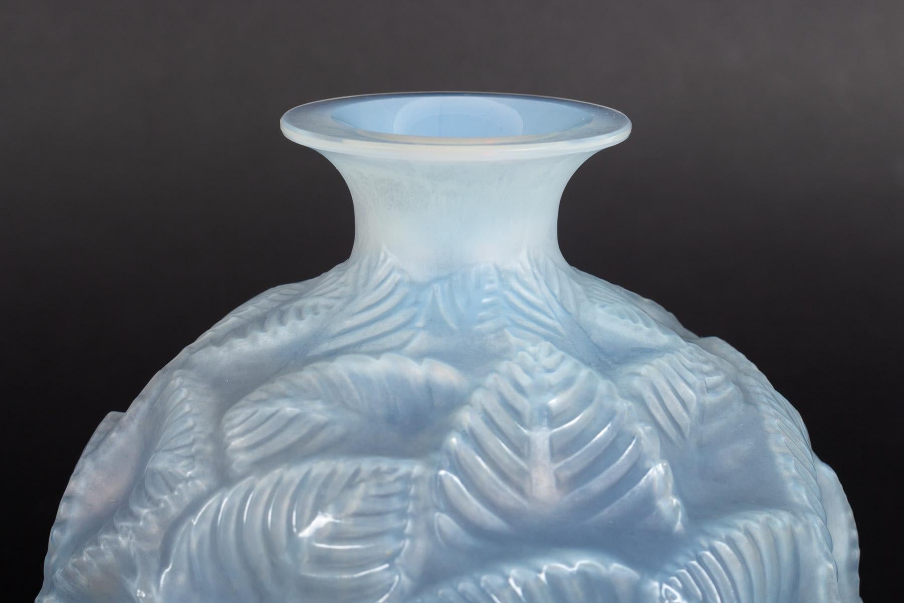 French 1926 René Lalique Ormeaux Vase in Cased Opalescent Glass with Blue Patina