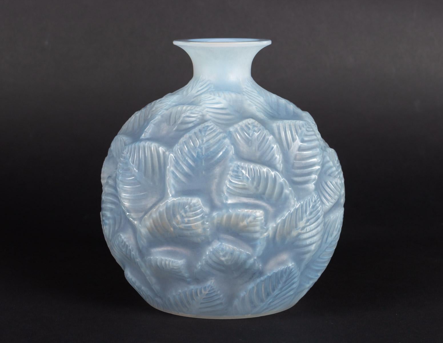 Early 20th Century 1926 René Lalique Ormeaux Vase in Cased Opalescent Glass with Blue Patina