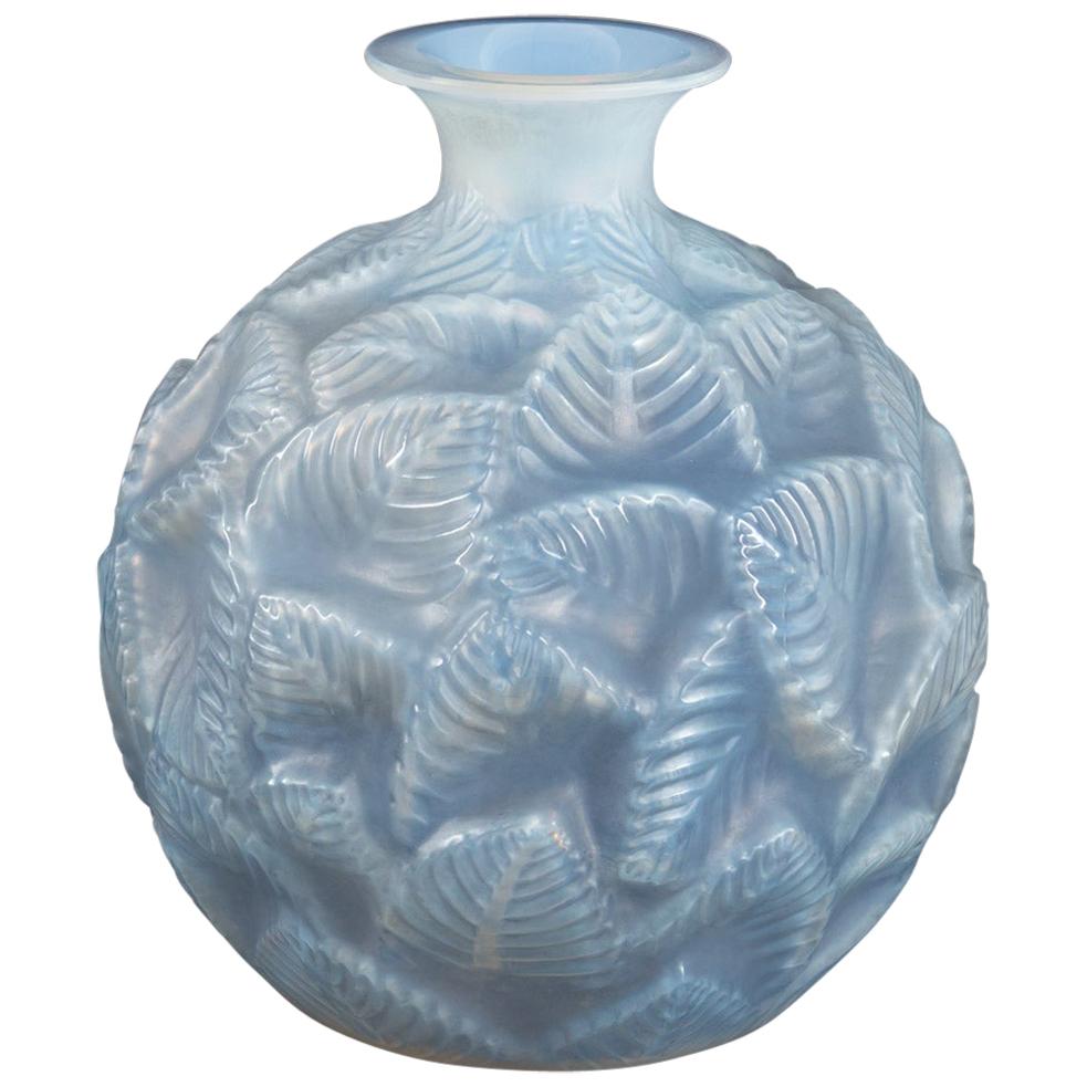 1926 René Lalique Ormeaux Vase in Cased Opalescent Glass with Blue Patina