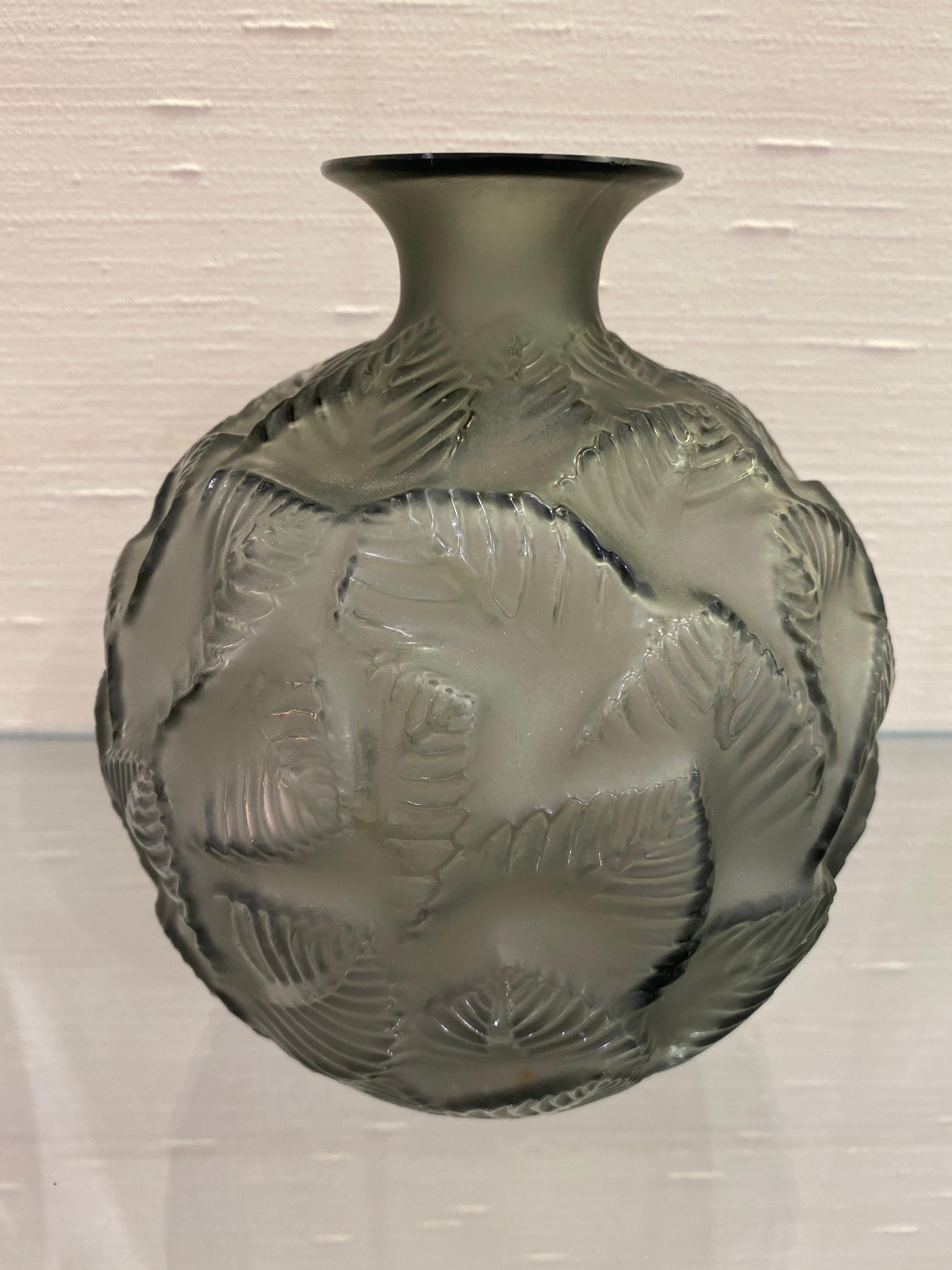 Art Deco 1926 René Lalique Ormeaux Vase in Grey Smoked Glass