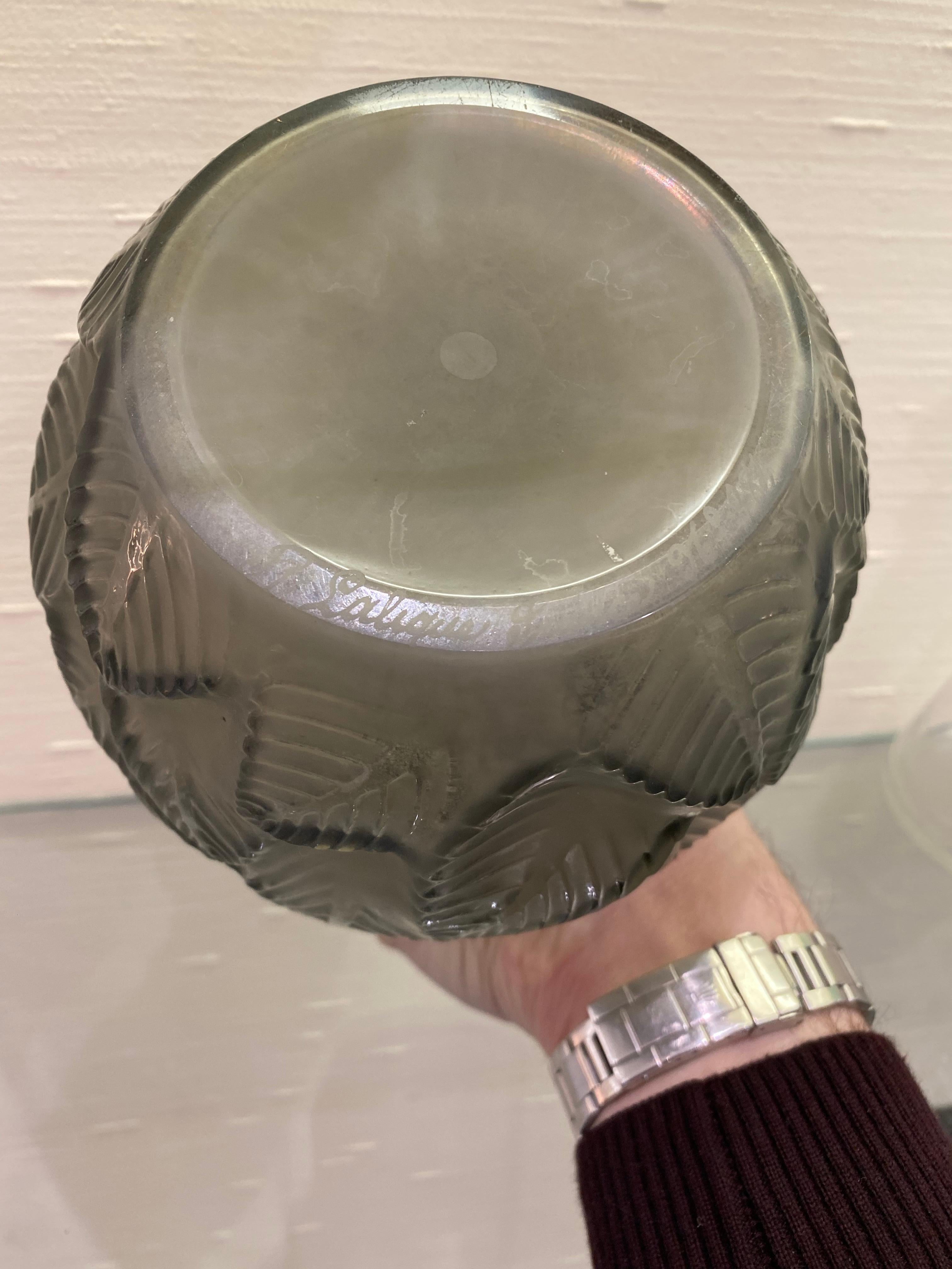 Molded 1926 René Lalique Ormeaux Vase in Grey Smoked Glass