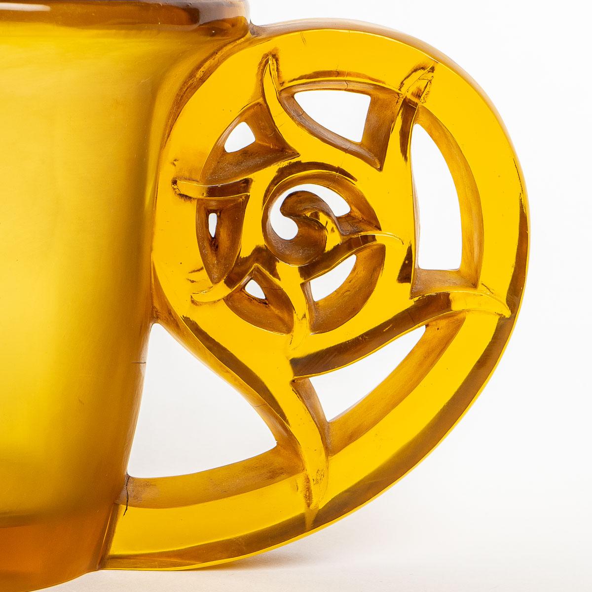 Molded 1926 René Lalique Pierrefonds Vase in Yellow Amber and Acid Satin Finish Glass