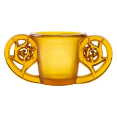 Antique 1926 René Lalique Pierrefonds Vase in Yellow Amber and Acid Satin Finish Glass