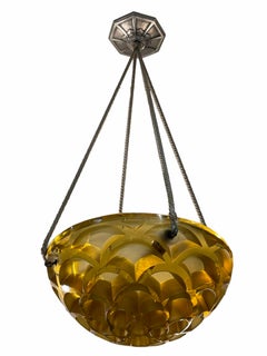 1926 Rene Lalique Rinceaux Complet Ceiling Light Chandelier Yellow Amber Glass