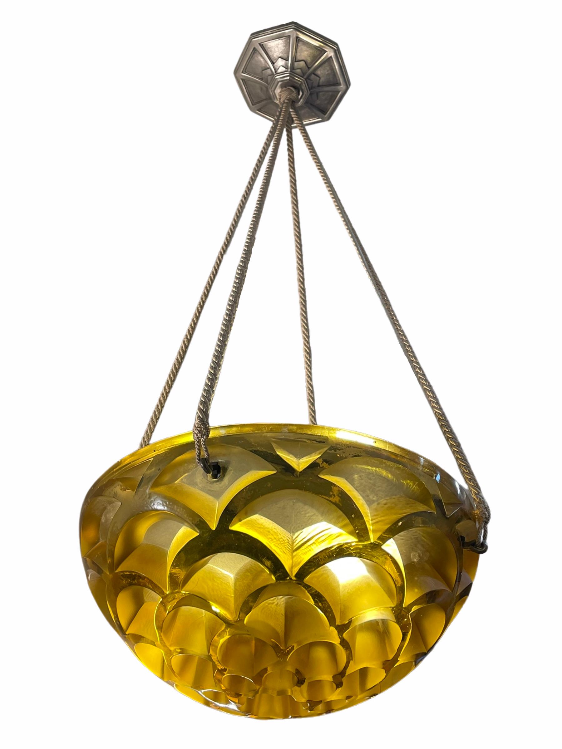Art Deco 1926 Rene Lalique Rinceaux Complet Ceiling Light Chandelier Yellow Amber Glass