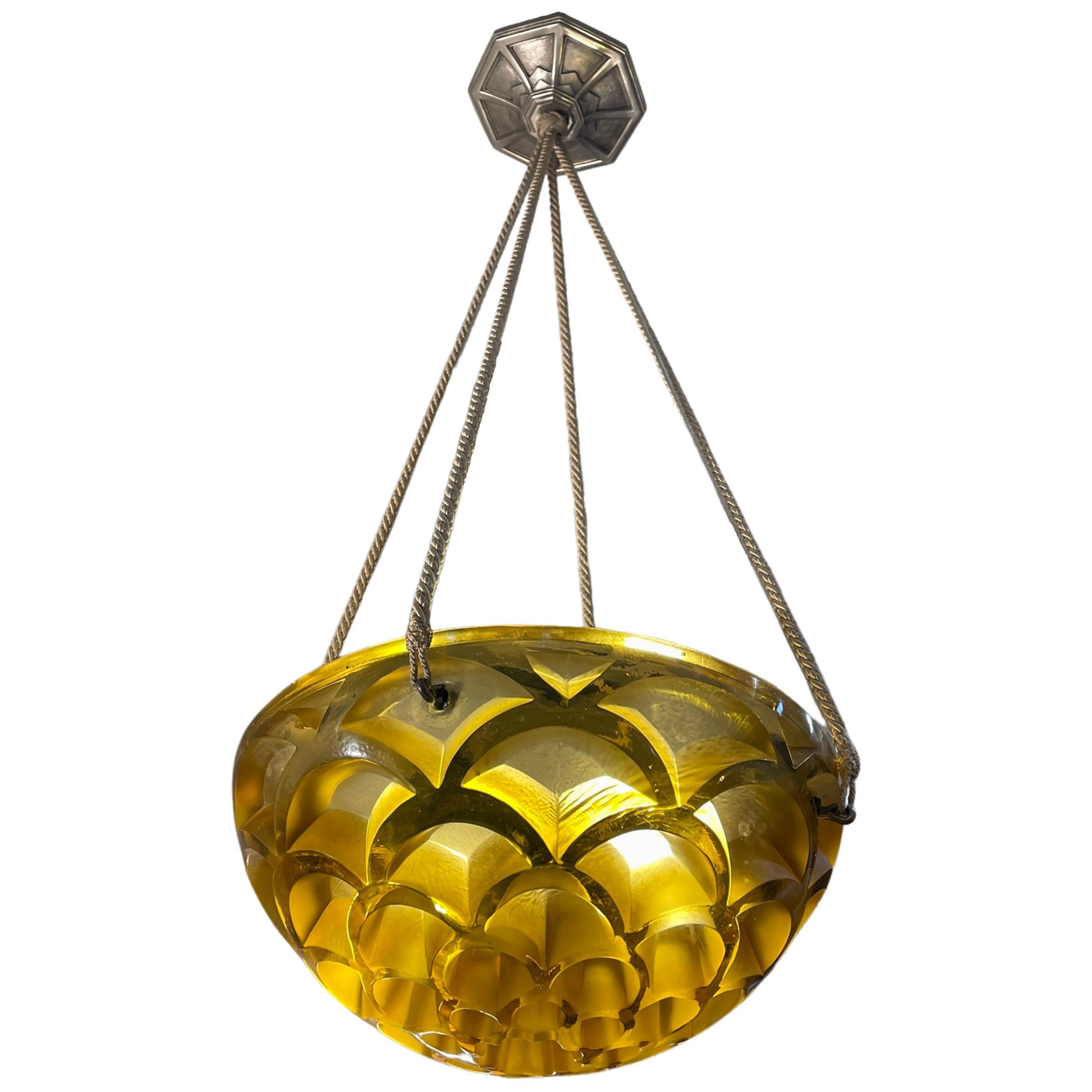 1926 Rene Lalique Rinceaux Complet Ceiling Light Chandelier Yellow Amber Glass