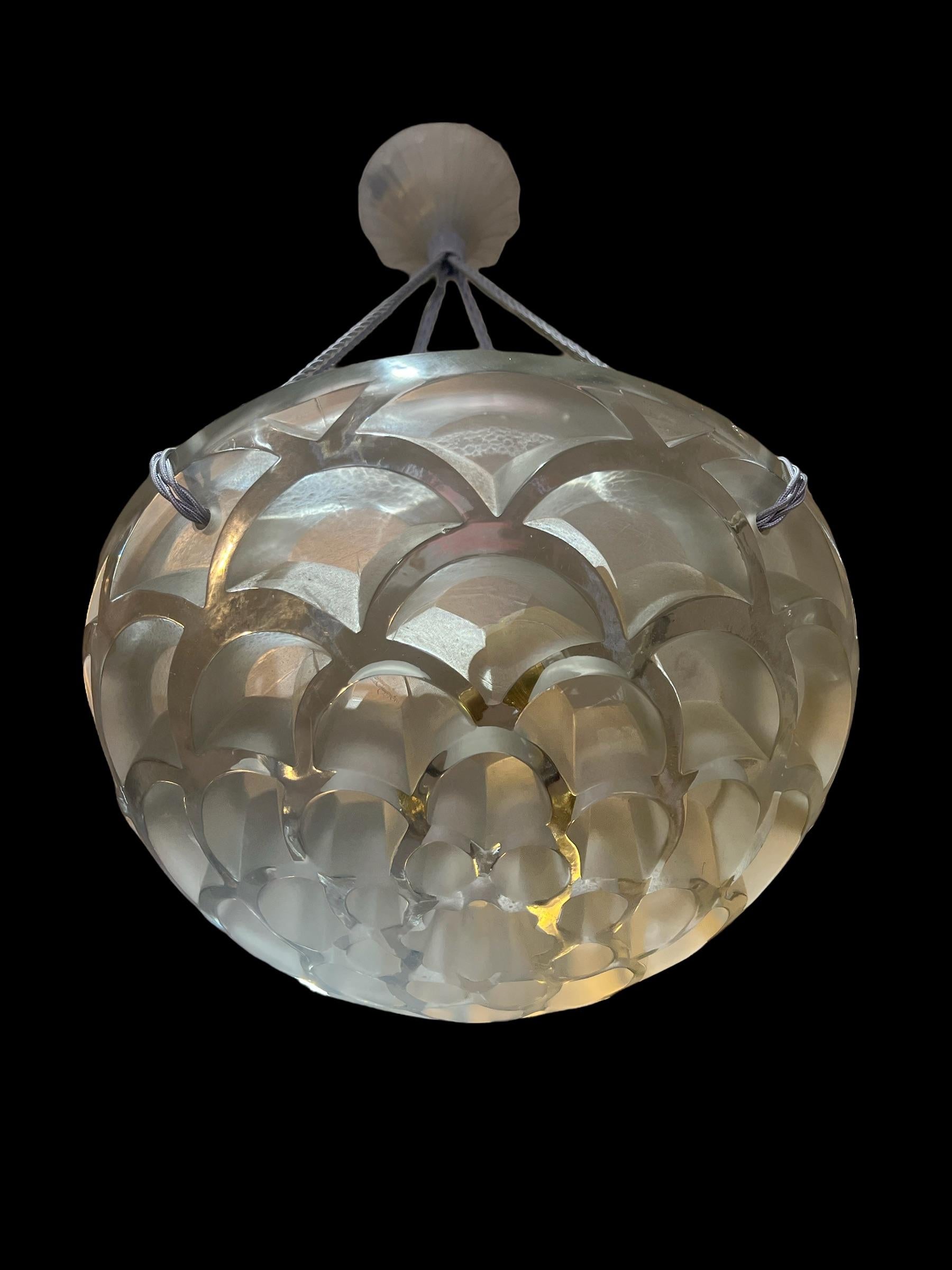 French 1926 Rene Lalique Rinceaux Pair of Ceiling Lights Chandeliers Glass