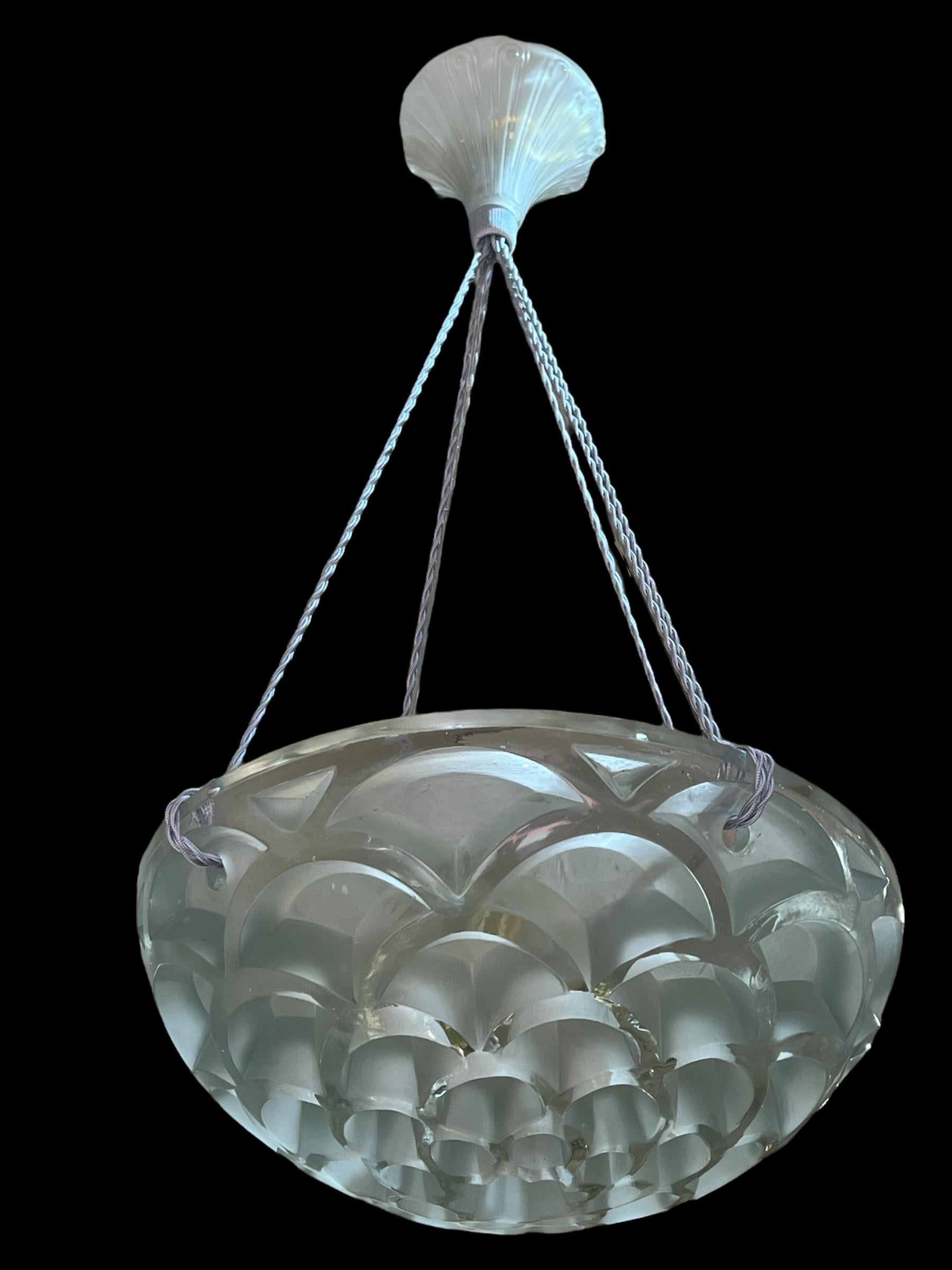 Molded 1926 Rene Lalique Rinceaux Pair of Ceiling Lights Chandeliers Glass