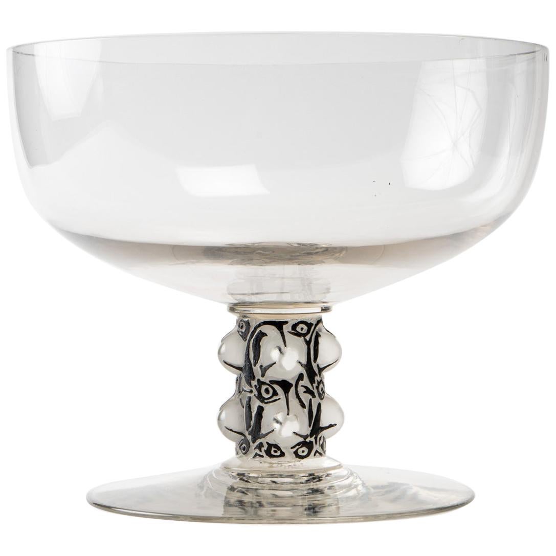 1926 René Lalique Saint Denis Bowl Vase Glass with Black Enamel, Fish Design