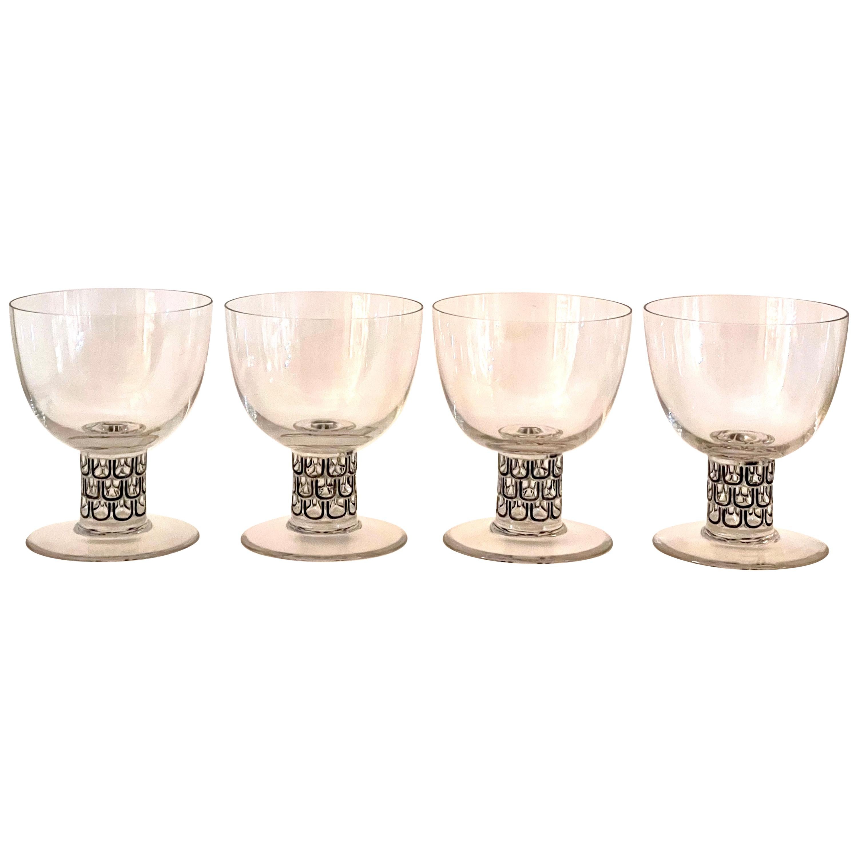 1926 René Lalique Set of 4 Water Glasses Saint Nabor Clear Glass & Black Enamel