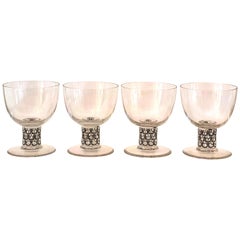 1926 René Lalique Set of 4 Water Glasses Saint Nabor Clear Glass & Black Enamel