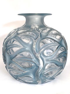 1926 René Lalique Sophora Vase in Clear & Frosted Glass with Blue Patina Leaves