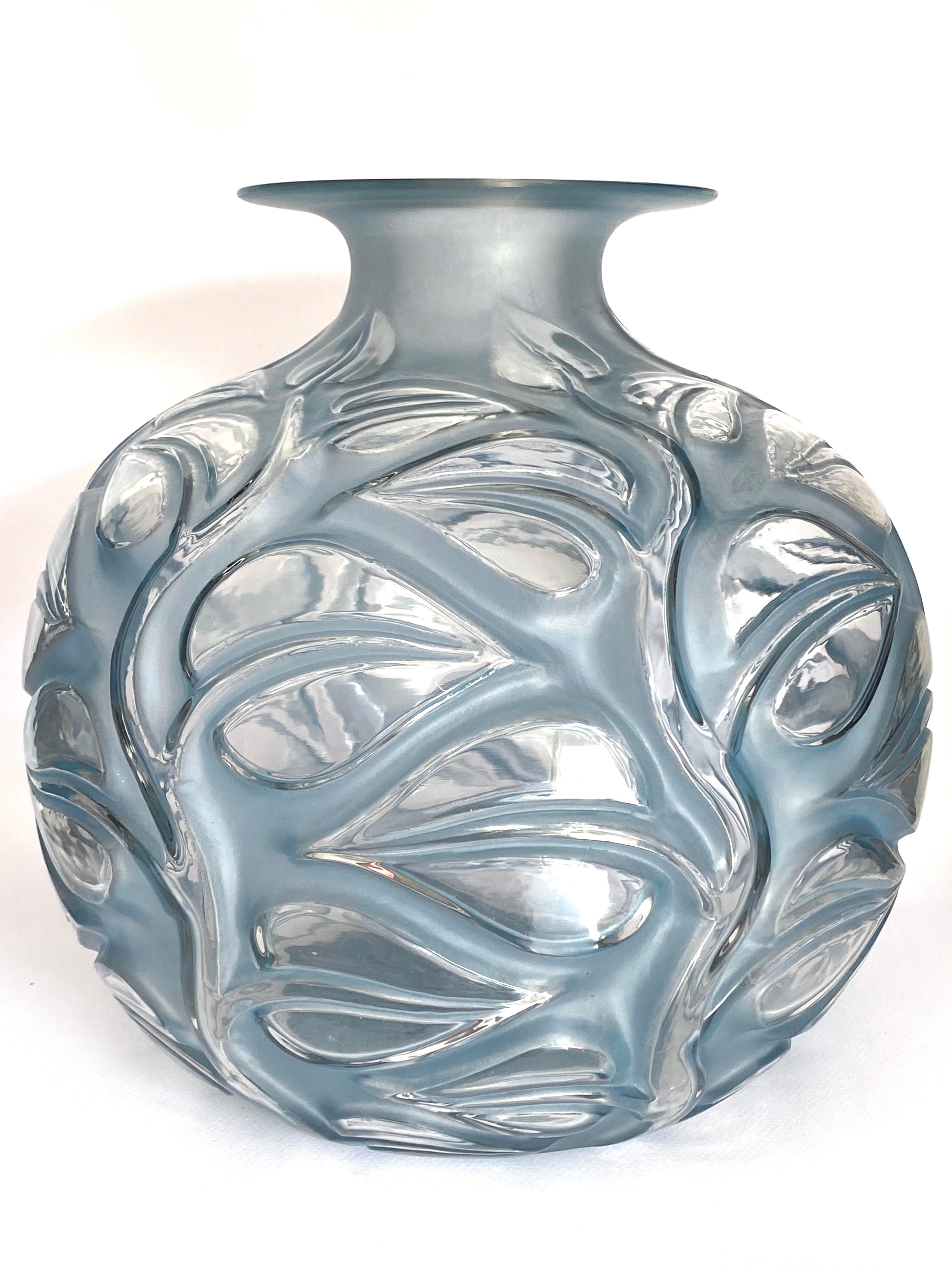 Art Deco 1926 René Lalique Sophora Vase in Clear & Frosted Glass with Blue Patina Leaves