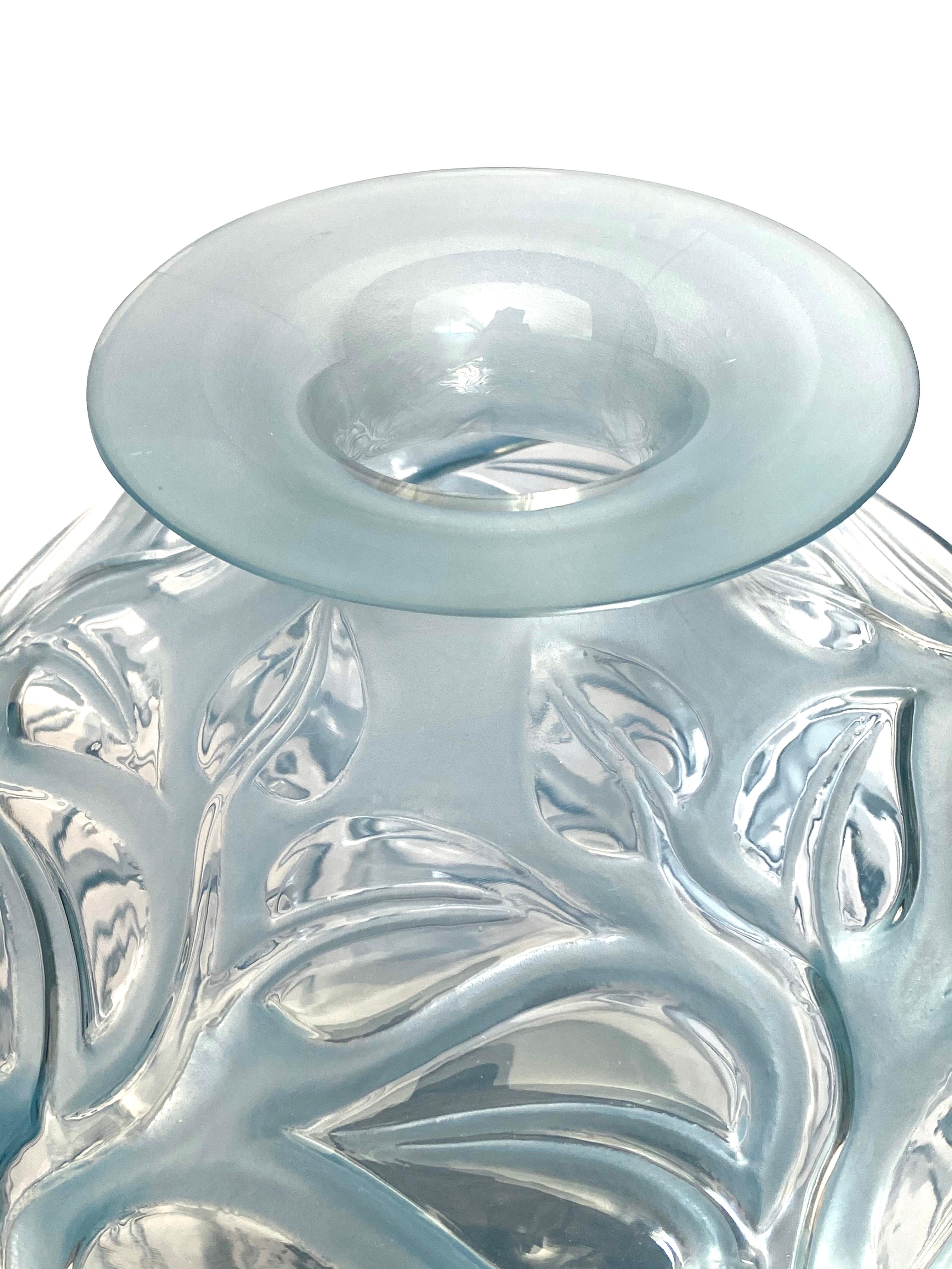 French 1926 René Lalique Sophora Vase in Clear & Frosted Glass with Blue Patina Leaves
