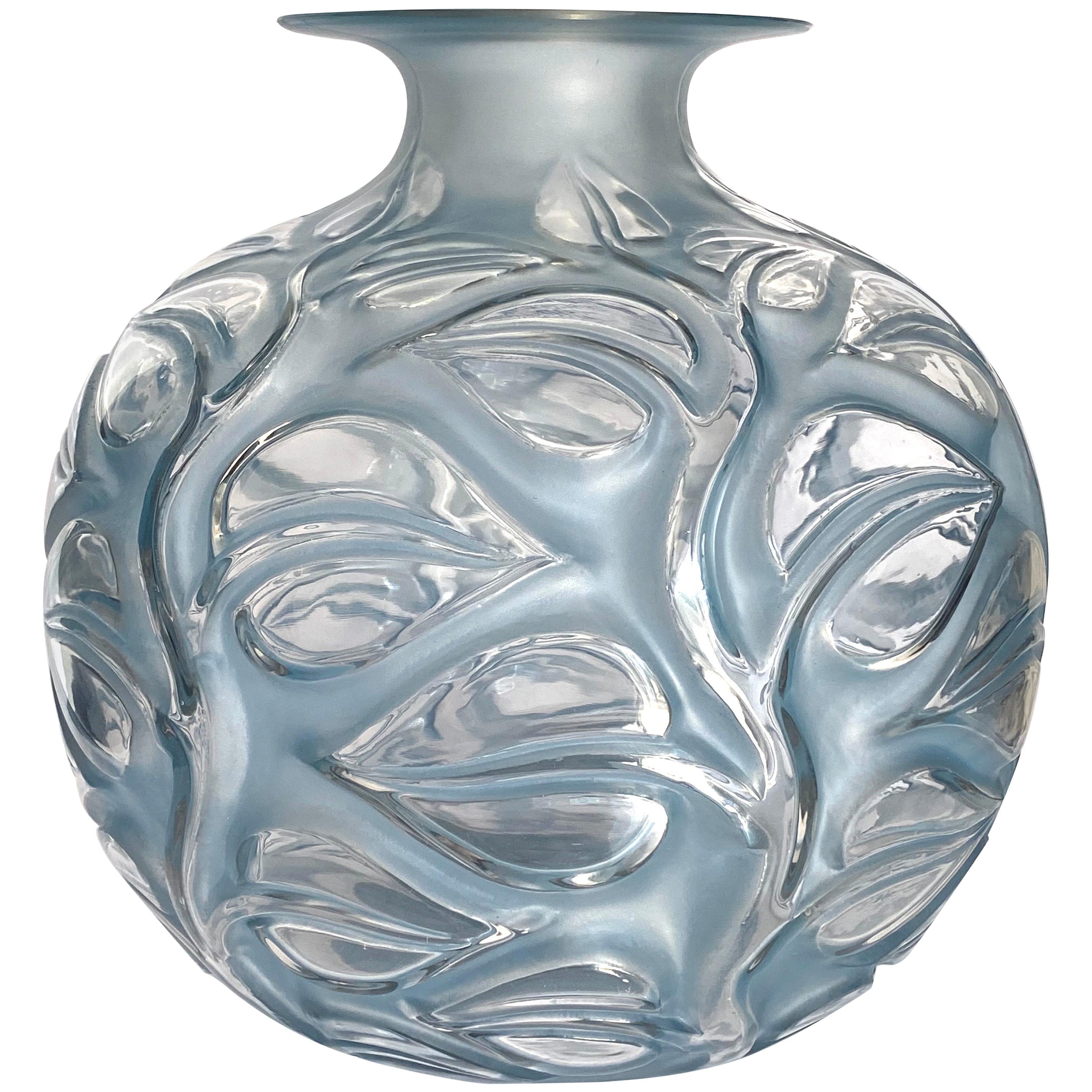 1926 René Lalique Sophora Vase in Clear & Frosted Glass with Blue Patina Leaves