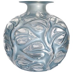 1926 René Lalique Sophora Vase in Clear & Frosted Glass with Blue Patina Leaves