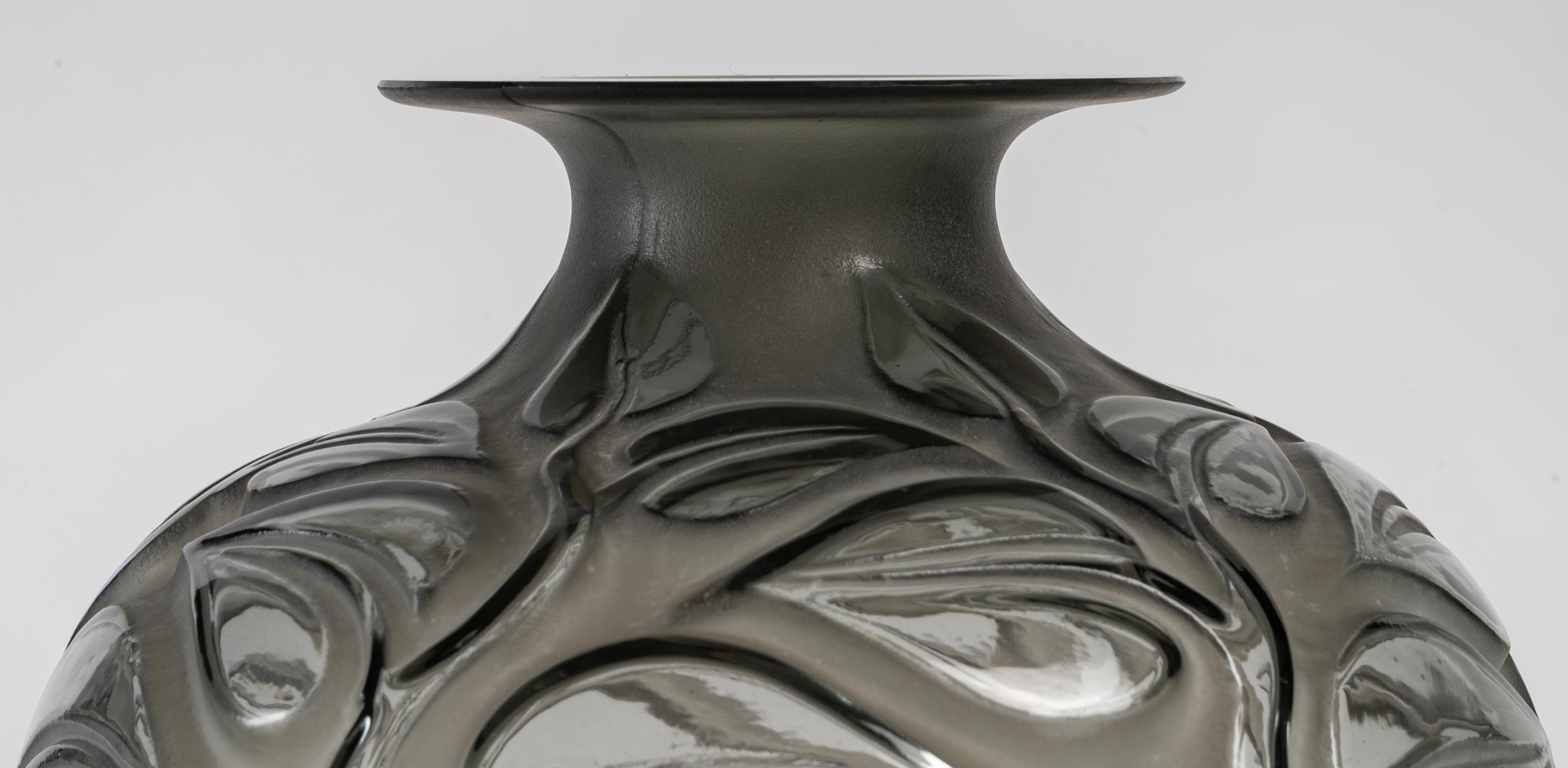 French 1926 René Lalique Sophora Vase in Grey Glass with Acid White Patina Leaves