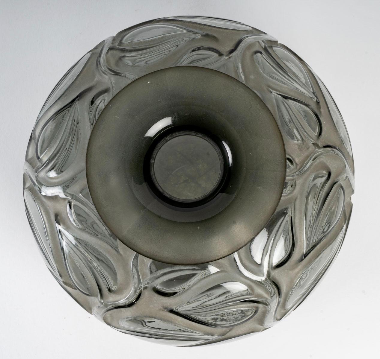 Molded 1926 René Lalique Sophora Vase in Grey Glass with Acid White Patina Leaves