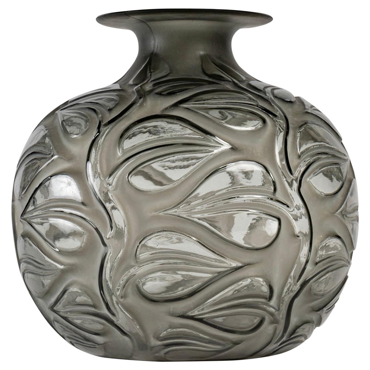 1926 René Lalique Sophora Vase in Grey Glass with Acid White Patina Leaves