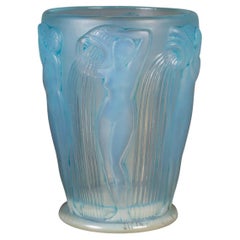 1926 Rene Lalique Vase Danaides Opalescent Glass Grey Blue, Pouring Women