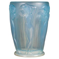 1926 Rene Lalique Vase Danaides Opalescent Glass Grey Blue, Pouring Women
