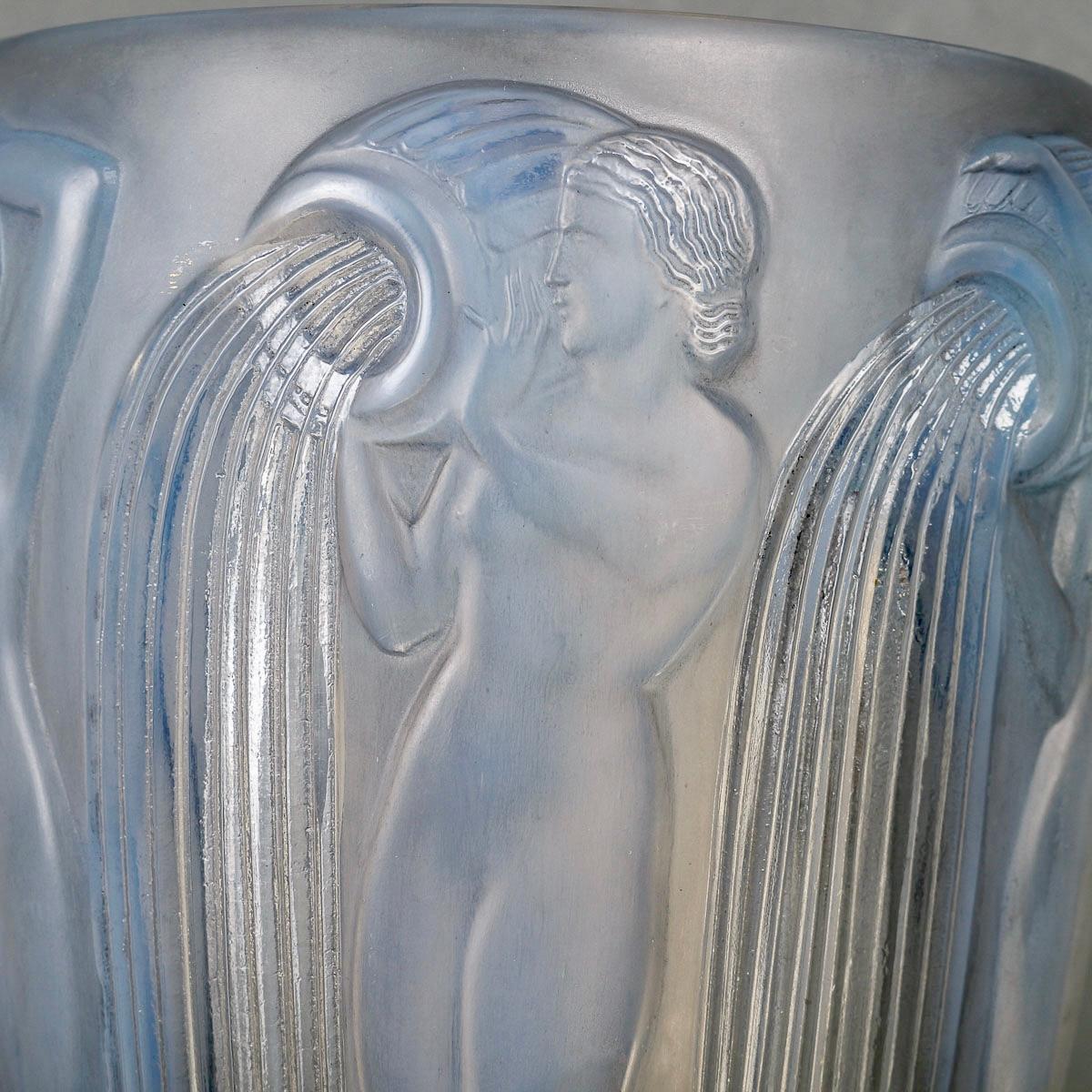 French 1926 Rene Lalique Vase Danaides Opalescent Glass Grey Patina, Pouring Women For Sale