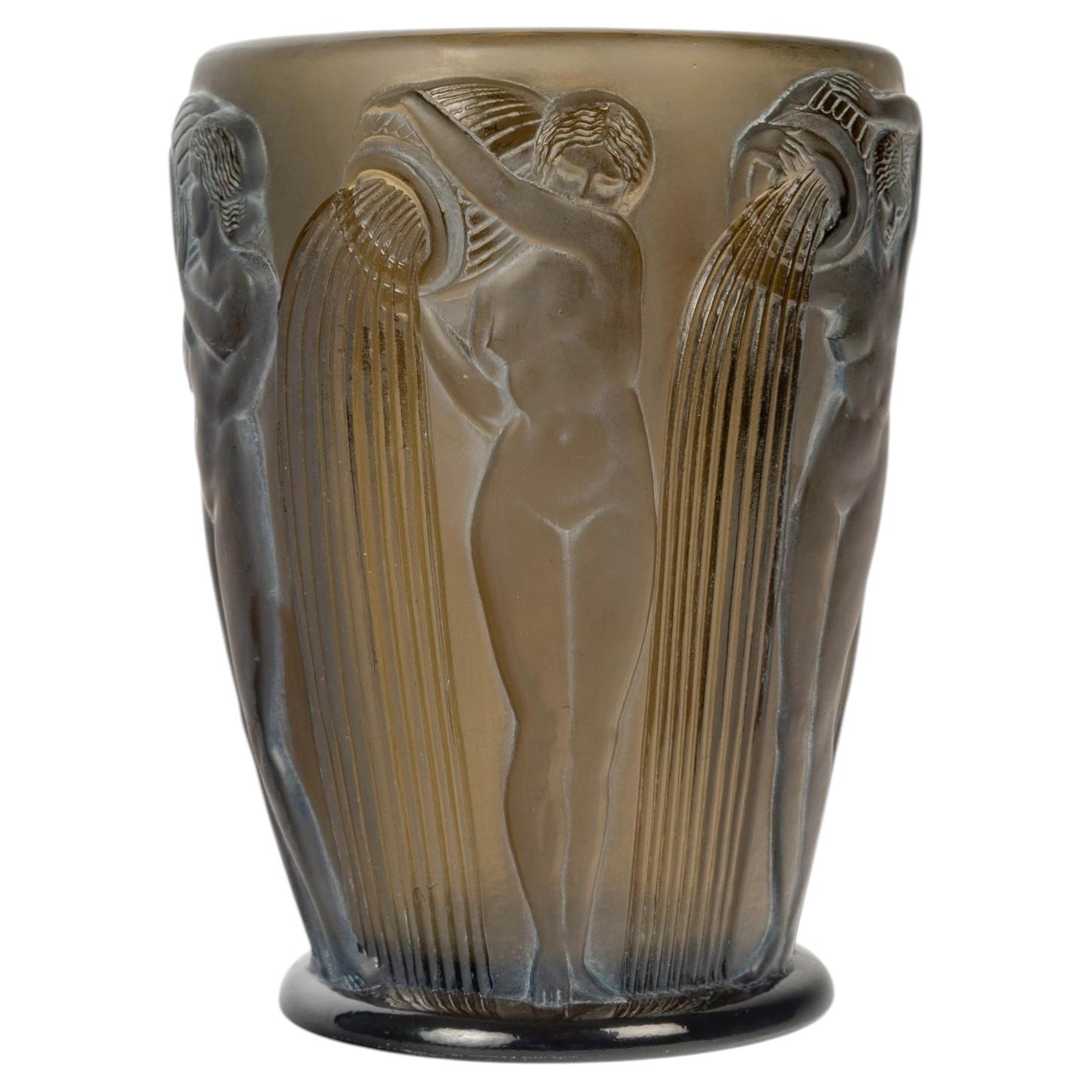 1926 Rene Lalique Vase Danaides Smoked Topaz Glass with White Patina